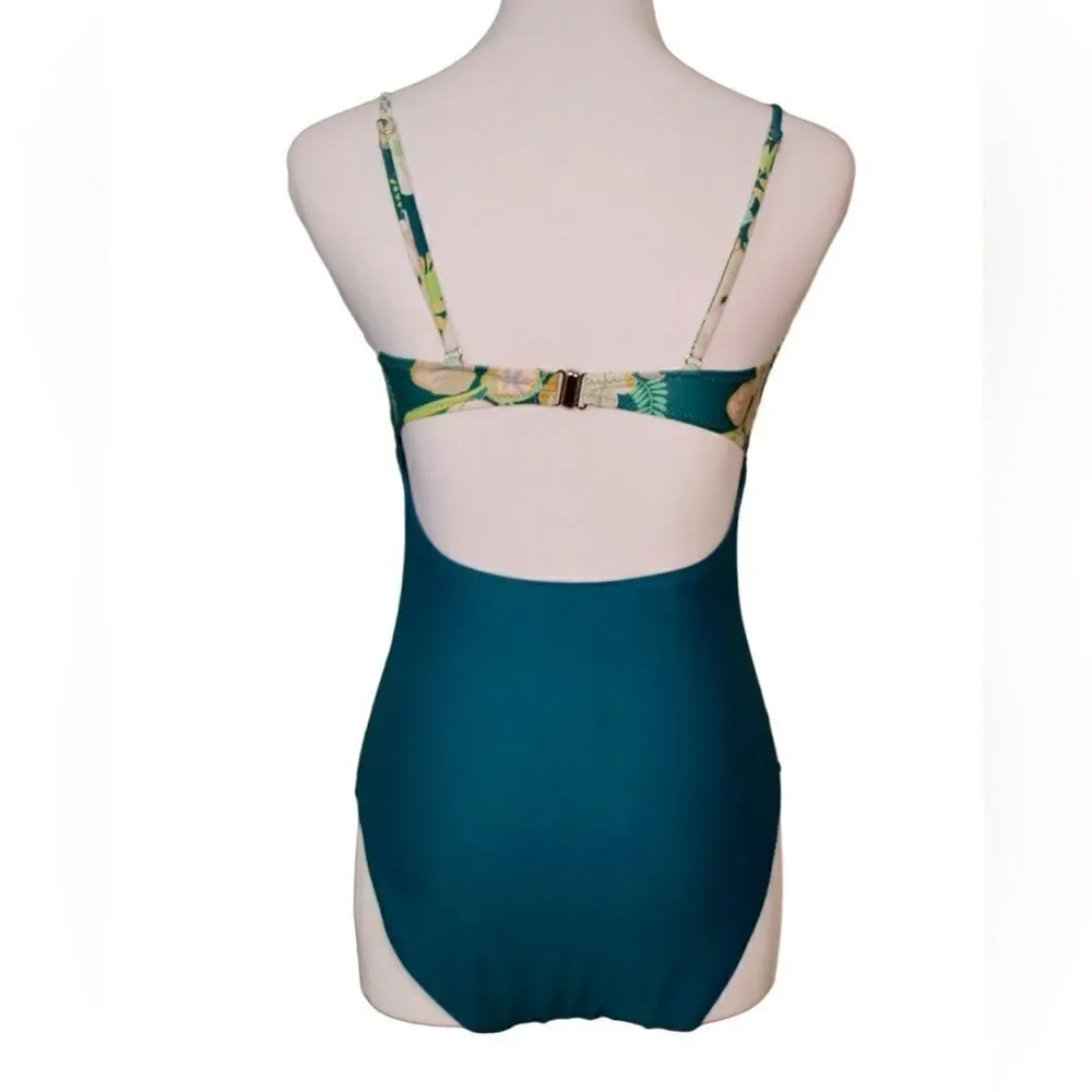 Tropical Floral Cut Out Tummy Teal Moderate Coverage 1pc Swimsuit SMALL Vacation